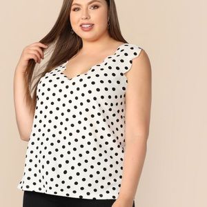 Plus V-Neck Scallop Trim Polka Dot Top Black White